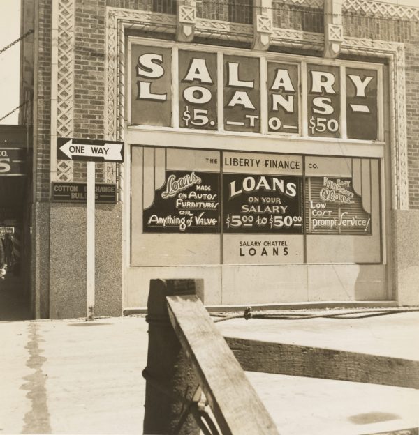 History of banking: Black and white image of a shopfront offering loans