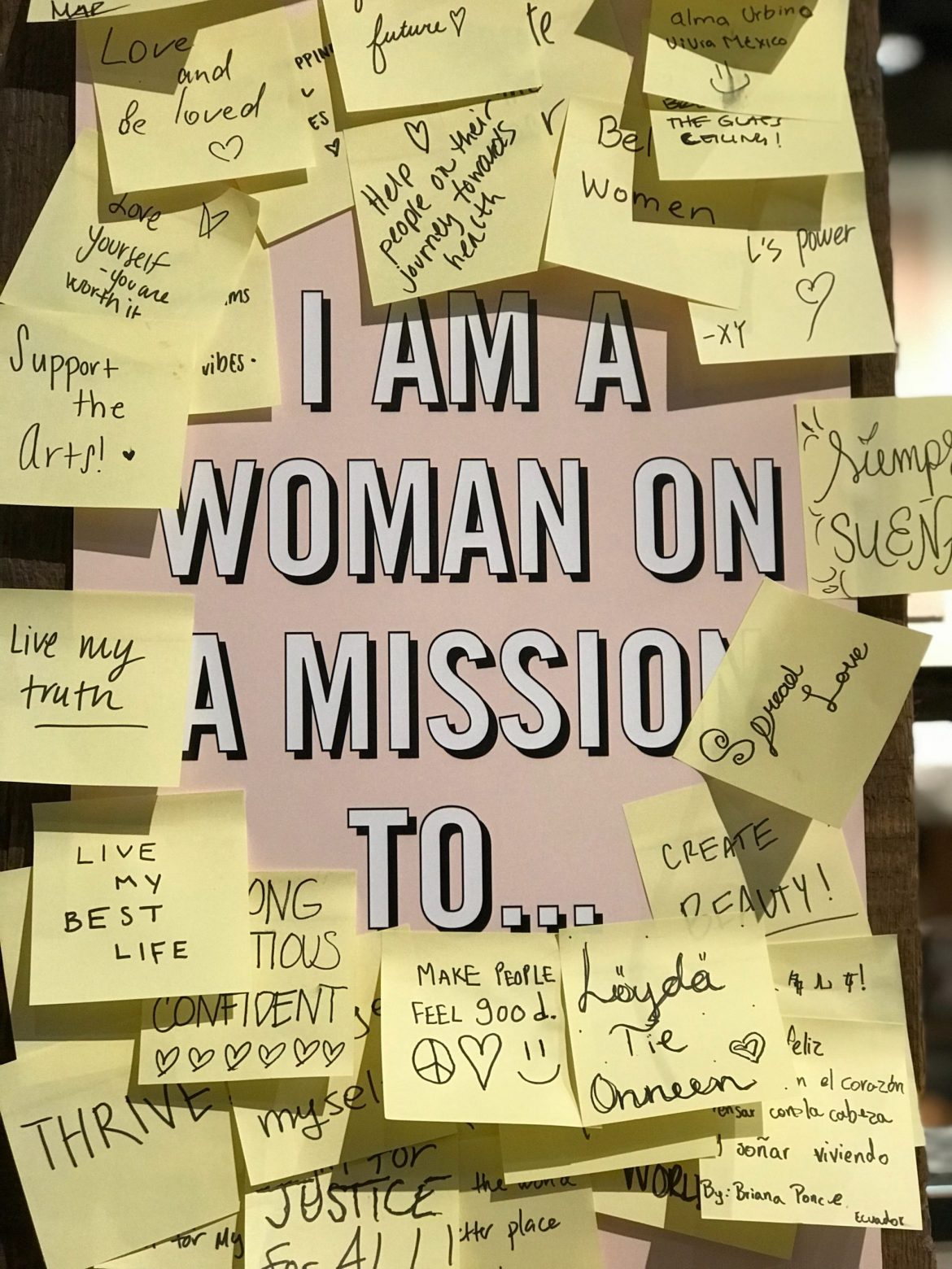 Enterprise Investment Scheme (EIS): A pink sign stating "I am a woman on a mission" with several yellow post-it notes containing messages stuck to the sign