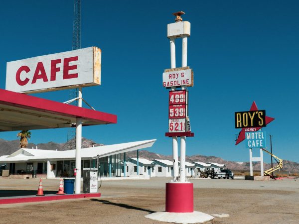 Oil and gas industry: Petrol station, cafe and motel out in the desert