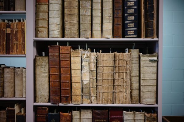 What are bonds: Section of a library shelf containing ancient looking books